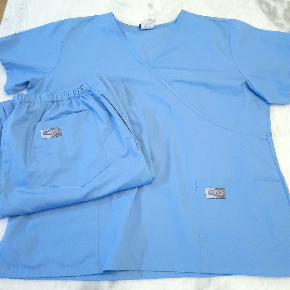 SCRUBZONE by LANDAU Scrub Set Short Sleeve X-Over V-Neck Royal Blue size XL